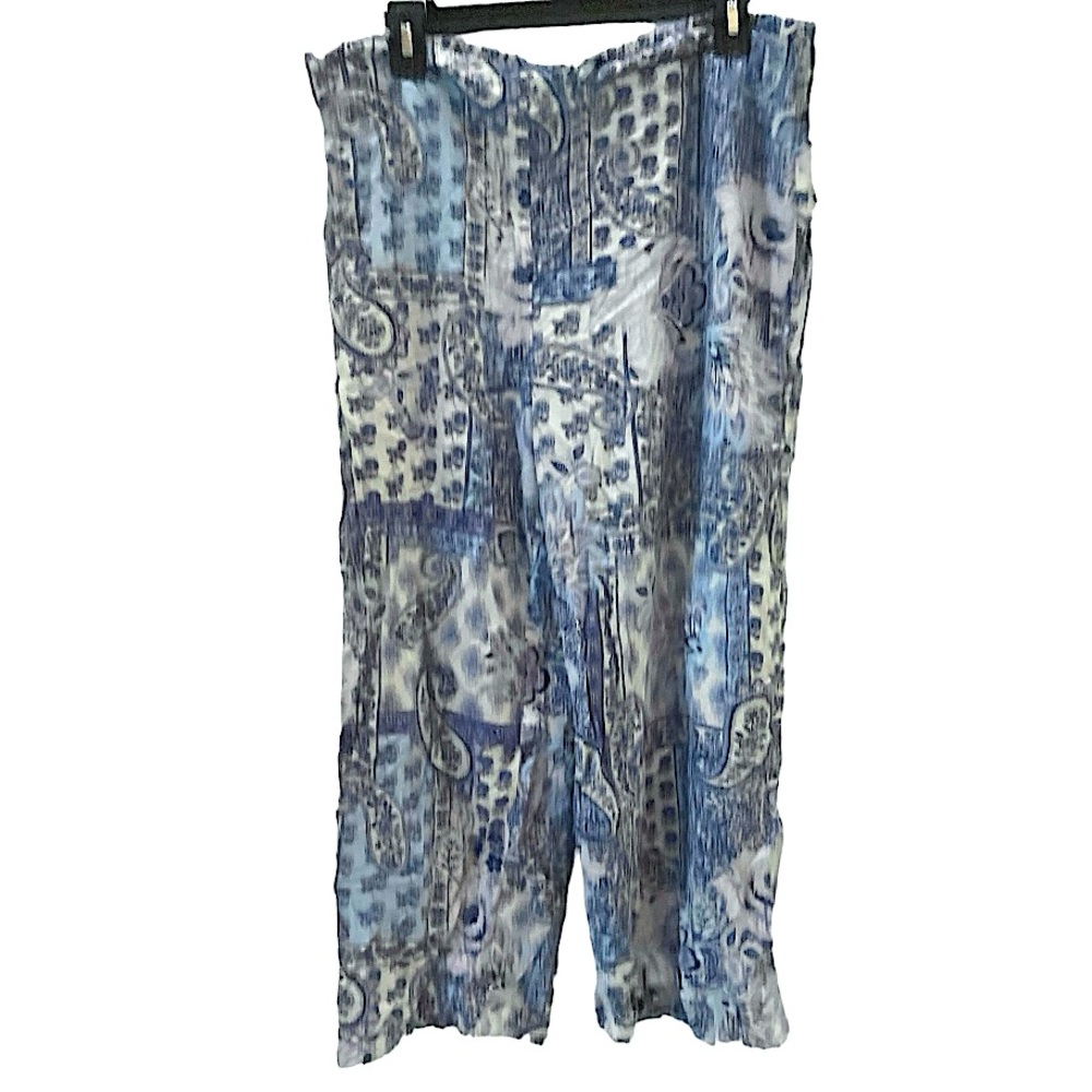Meg & Margot Blue and White Cropped Patchwork Block Print Patterned Pants‎ XL